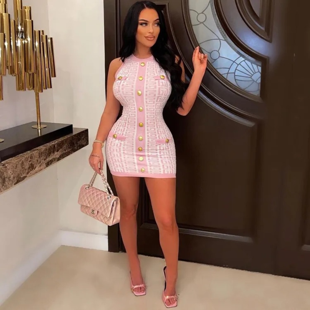 Body con pink dress with gold buttons